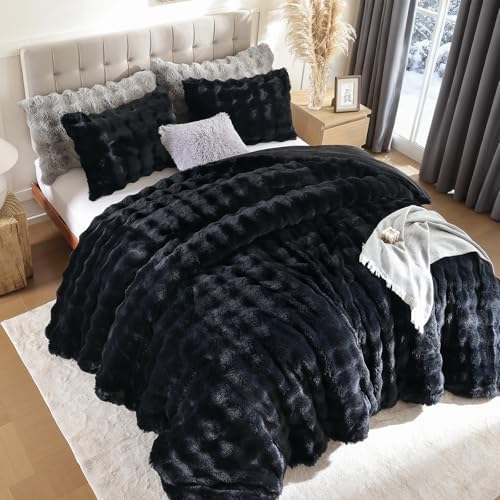 YIKUSH Twin Faux Fur Soft Comforter Set, Fluffy Black Rabbit Fur Comforter