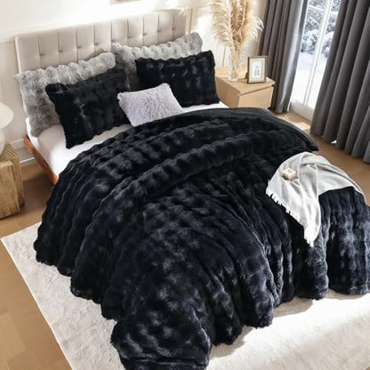 YIKUSH Twin Faux Fur Soft Comforter Set, Fluffy Black Rabbit Fur Comforter