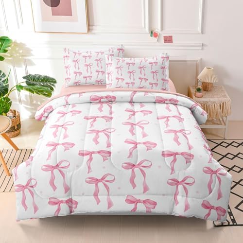 Pink Twin Comforter Set for Girls Princess Bow Knot Bed Set Girly Bedding Cute Ribbon Bow Decor for Teen Girls Room