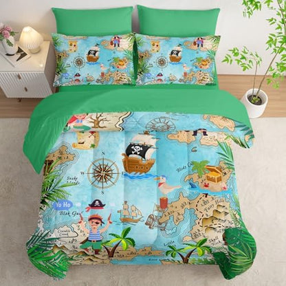 7Pcs Comforter Set Pirate Ship Printed Bedding Set with 1 Comforter, 1 Flat Sheet, 1 Fitted Sheet and 4 Pillowcases for Boys and Girls Bedroom All Season(Pirate Ship Queen)