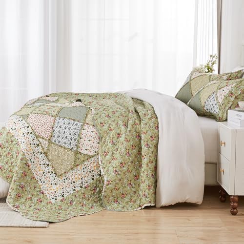 King Size Quilt Set Green Floral Patchwork Quilted Bedspreads Coverlet Set