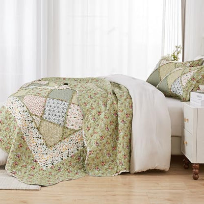 King Size Quilt Set Green Floral Patchwork Quilted Bedspreads Coverlet Set