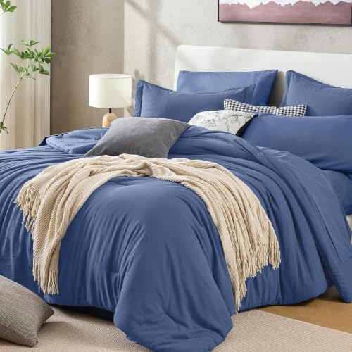 Sasttie Full Comforter Set 7-Piece Blue, Pre-Washed Bed in a Bag