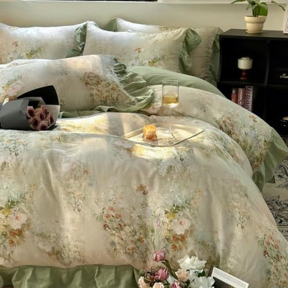VM VOUGEMARKET Romantic Ruffle Floral Duvet Cover Set Twin Sage Green