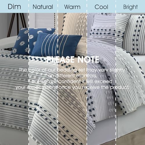 LANCO MODERN LIFESTYLE Queen Comforter Set, Blue, Jacquard Clip Striped Design, Elegant Soft 7 Pieces Bedding Set for All Seasons, Matching Bedskirt, Pillow Shams and Decor Pillows