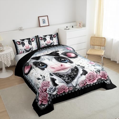 Feelyou Kids Cute Highland Cow Comforter Set Queen Size Highland Cattle Bowknot Bedding Set Boys Girls Flowers Floral Pattern Quilt Set Western Farmhouse Animal Bed Set