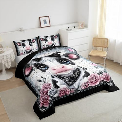 Feelyou Kids Cute Highland Cow Comforter Set King Size Highland Cattle Bowknot Bedding Set Boys Girls Flowers Floral Pattern Quilt Set Western Farmhouse Animal Bed Set