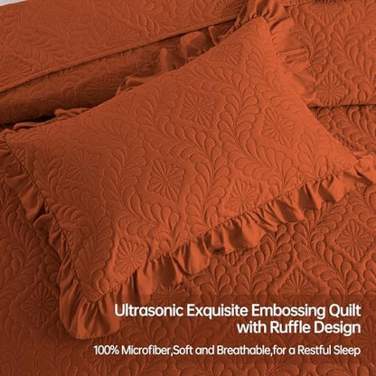 DJY King Quilt Set 3 Pieces, Lightweight Ruffled Bedspread, Burnt Orange