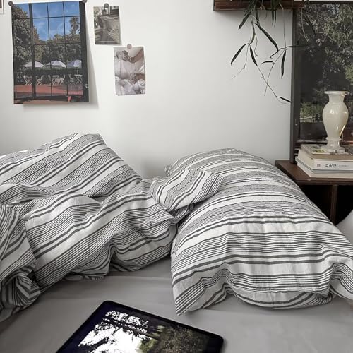 mixinni Vintage Grey & White Striped Comforter Set Queen Size - Soft Washed Cotton 3-Piece Neutral Bedding Set, Retro Geometric Pattern, All-Season Breathable & Fluffy for Men, Boys