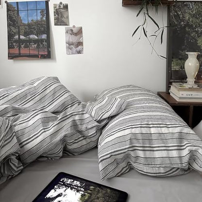 mixinni Vintage Grey & White Striped Comforter Set Queen Size - Soft Washed Cotton 3-Piece Neutral Bedding Set, Retro Geometric Pattern, All-Season Breathable & Fluffy for Men, Boys