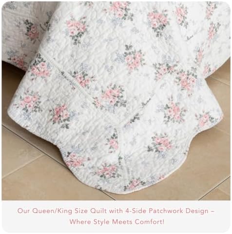 Lady Ann Cotton Floral Quilt Set, Blush Pink Rose Pattern Printed Queen Bedding Set, 3 Pcs Lightweight Scalloped Edge Ultra Soft Bedspread & Coverlet for All Season