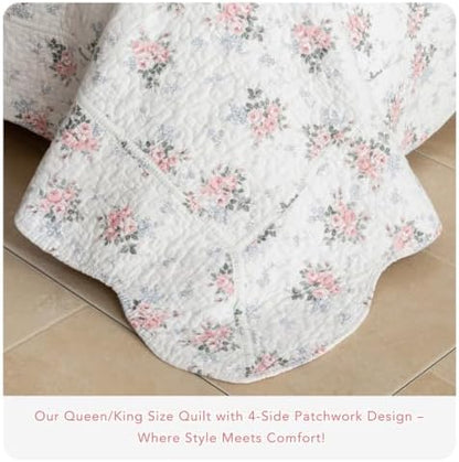 Lady Ann Cotton Floral Quilt Set, Blush Pink Rose Pattern Printed Queen Bedding Set, 3 Pcs Lightweight Scalloped Edge Ultra Soft Bedspread & Coverlet for All Season