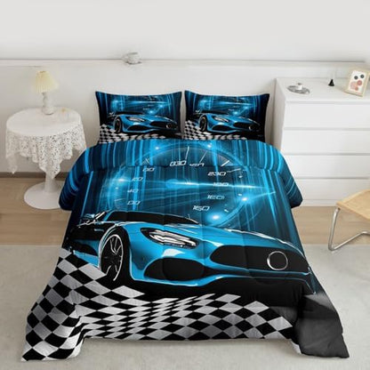 Erosebridal Teal Race Car Queen Comforter Set for Children Boys,Glitter Ombre Line Art Bedding Set Neon Light Sports Car Dashboard Quilt,Black and White Grid Lattice Buffalo Plaid Decor