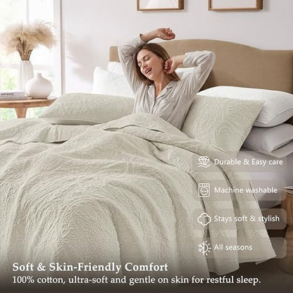 palassio Beige Paisley 100% Cotton Quilt King Size Bedding Sets with 2 Pillow Shams, Boho Floral Lightweight Farmhouse Country Vintage Soft Bedspread Shabby Chic Coverlet for All Season, 3 Pieces