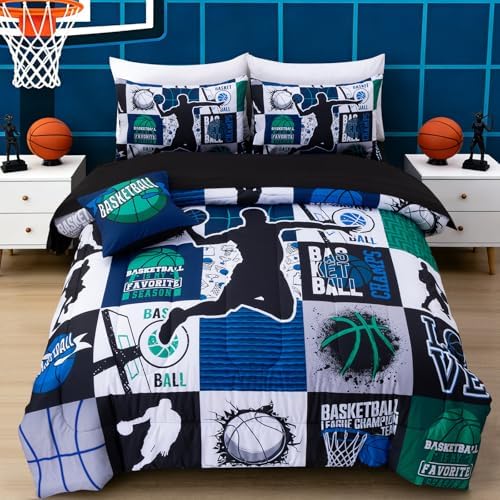 Aimuan Basketball Bedding Set for Boys Kids Teens, Soft Green and Blue Sports Geometric Grid Patchwork Theme Basketball Bedding Sets Queen Size, Blue-Green