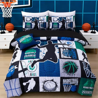 Aimuan Basketball Bedding Set for Boys Kids Teens, Soft Green and Blue Sports Geometric Grid Patchwork Theme Basketball Bedding Sets Queen Size, Blue-Green