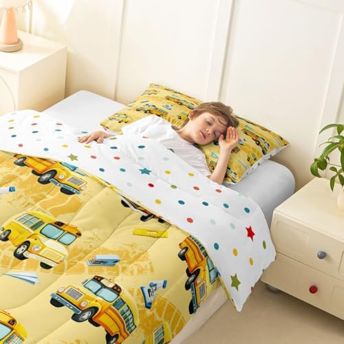 Feelyou School Bus Comforter Set Twin Size Cartoon Truck Bedding Set for Kids Boys Girls Yellow Transport Vehicles Duvet Quilt Bedroom Decor Microfiber 2 Pcs with 1 Pillow Case