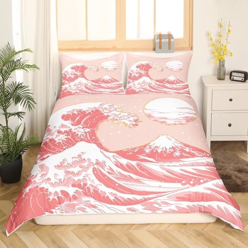 Feelyou Japanese Wave Bedding Set Full Size - Ocean Wave Comforter Cover Set for Kids, Boys, Girls, Teens - Ukiyoe Theme Home Decor Duvet Cover - Pink Japanese-Style Bedspread Cover