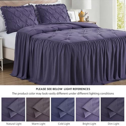 Chezmoi Collection Aria 3-Piece Pintuck Ruffle Skirt Bedspread Set - Lightweight Pinch Pleat Crinkled Texture Microfiber Bedding - French Country Chic Farmhouse - Full, Dusty Purple