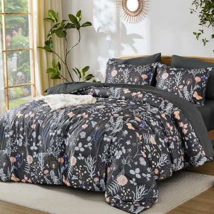 Yiran King Size Comforter Set 7 Piece,Gray Floral Bedding Set Fall Flowers
