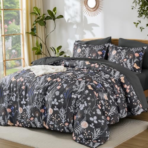 Yiran Queen Comforter Set Dark Gray Floral Bedding Set 7 Piece Bed in a Bag