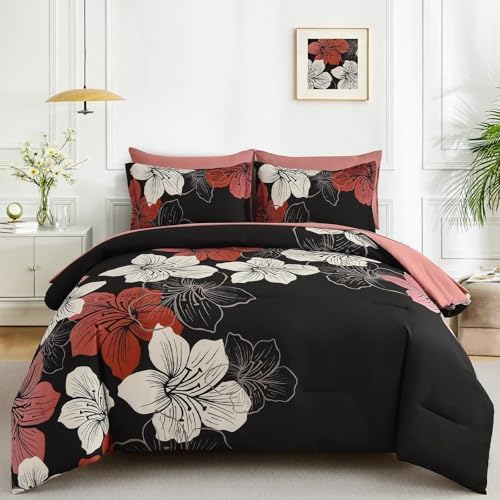 Luxudecor Red Floral Comforter Set Full, 7 Pieces Bed in a Bag