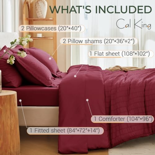 MUXHOMO 7 Pieces California King Comforter Set, Seersucker Bed in a Bag Cal King Size, All Season Luxury Bedding Set with Comforter, Flat Sheet, Fitted Sheet, Pillowcases & Shams, Burgundy
