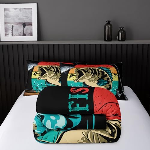 Nttopship Big Pike Fish Comforter Set,Bass Fishing Comforter Set for Boys Girls Children Fishing and Hunting Room Decor Twin Size with 2 Pillow Case