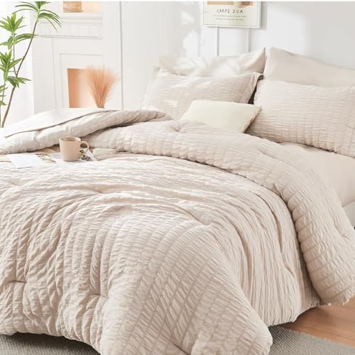 HYMOKEGE Beige Full Size Comforter Sets Seersucker 7 Pieces, All Season Luxury Bed in a Bag for Bedroom, Bedding Set with Comforters, Sheets, Pillowcases & Shams