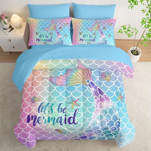 7Pcs Mermaid Tail Comforter Set Rainbow Scales Printed Bedding Set with 1 Comforter, 1 Flat Sheet, 1 Fitted Sheet and 4 Pillowcases for Girls Bedroom All Season(Full)