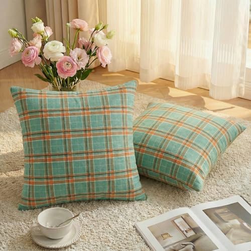 AVOIN colorlife Spring Summer Aqua Orange Plaid Decorative Throw Pillow Covers, 18 x 18 Inch Holiday Scottish Tartan Cushion Case Farmhouse Decoration for Sofa Couch Set of 2