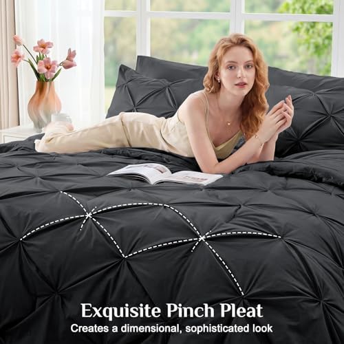 JOLLYVOGUE Queen Comforter Set 7 Pieces - Bed in a Bag Queen for All Season, Pintuck Bedding Comforter Sets with Comforter, Flat Sheet, Fitted Sheet and Pillowcases & Shams, Dark Grey