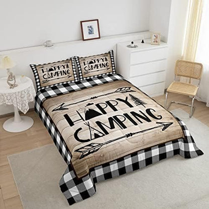 Manfei Happy Camping Trip Comforter Set Twin,RV Trailer Car Bedding Set 2pcs for Kids Youths Boys Girls Room Decor,Arrow Plaid Boho Quilt Set,Vintage Rustic Brown Duvet Insert with 1 Pillowcase