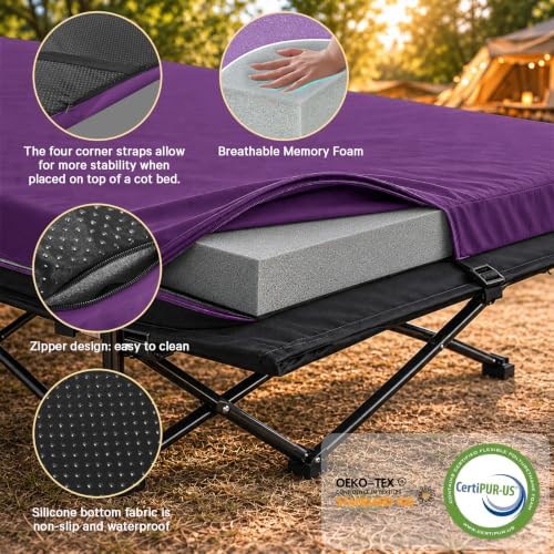 CYMULA Camping Cot Pad 2 Inch Memory Foam, Pad Only,Camping Pad for Folding Cot and Foldable Cot, Portable Roll Up Camp Gear for Car Camping Travel Tent, Non-Slip Waterproof Bottom, Removable Cover