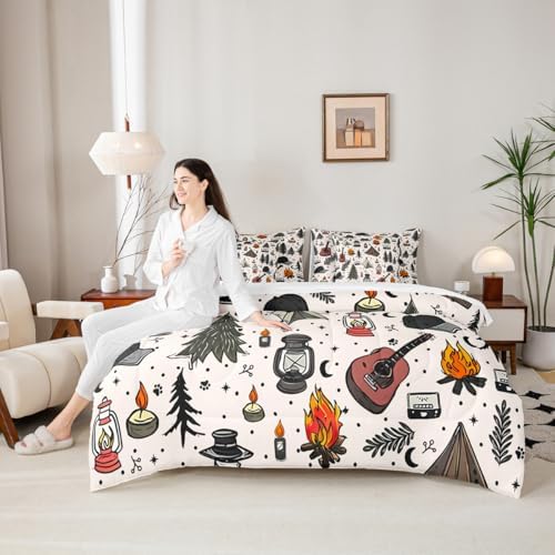 Erosebridal Kids Camper Theme Twin Bedding Set 7 Piece Happy Camping Equipment Bed in A Bag with Sheets Botanical Trees Mountain Adventure Comforter Set for Boys Girls Teens,Cute Camper Bed Sets