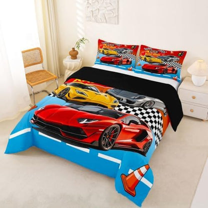 Feelyou Race Car Comforter Set Queen Size for Boys Girls