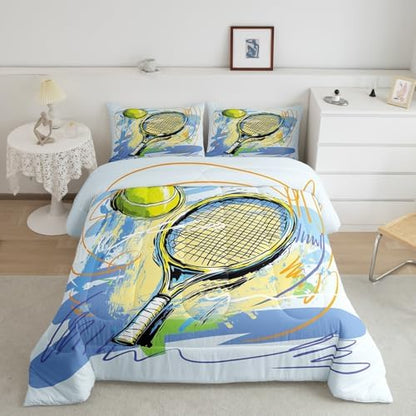 Tennis Sports Comforter Set Toddler Size Watercolor Street Graffiti Bedding Set Bedroom Decor Tennis Racket Quilt Set for Kids Boys Teens Modern Ball Gaming Theme Breathable Duvet Insert 2Pcs