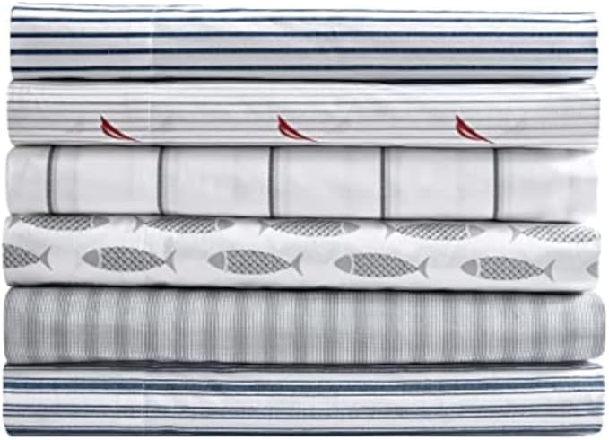 Nautica- King Sheet Set, Cotton Percale Bedding Set, Crisp & Cool, Lightweight & Breathable (Michael Plaid Grey, King)