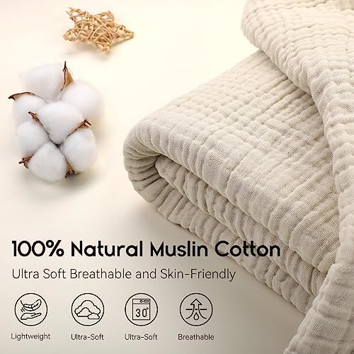 Yoofoss Muslin Blanket 100% Organic Cotton Large Twin Size 60" x 80" for Bed Couch Summer Gauze Blanket for Adults Lightweight and Breathable Apricot White