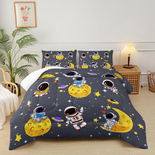 Grey Space Theme Comforter Set Twin ，Astronaut Twin Bedding Sets for Boys ，Twin Size Galaxy Bedding Set for Kids ，Outer Space Bedroom Decor for Boys