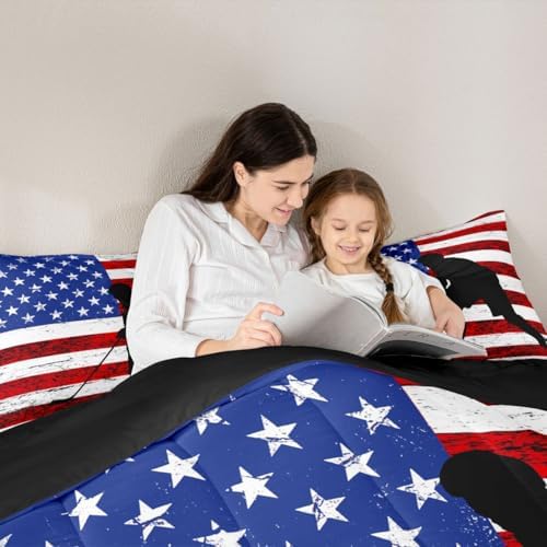 Erosebridal American Flag Comforter Set Twin, Hockey Bedding Set United States Sports Games Down Comforter for Kids Boys Teens Bedroom, Red White Geometric Stripes Duvet Sets with 1 Pillowcase