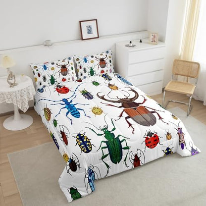 Feelyou Kids Bug Comforter Queen Boys Flying Bugs Pattern Comforter Set for Girls Children Colorful Beetle Collection Decor Bedding Set Soft Lightweight Nature Animal Bed Set 1 Comforter 2 Pillow Case