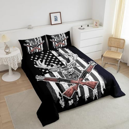 Erosebridal Deer Comforter Set American Flag Bedding Set Full Size Hunting Theme Duvet Set Western Rustic Farmhouse Decor Quilts Wild Animal Elk Print Down Comforter USA Flag Comforter 3 Pcs