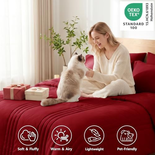 CozyLux Queen Comforter Set Dark Red - 7 Pieces Bed in a Bag