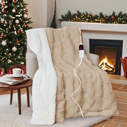 Heated Blanket Full 72" x 84", Checked Electric Blanket, Khaki