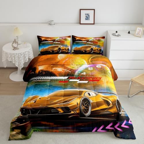 Feelyou Orange Race Car Bedding Set King Size for Kids Boys Extreme Sports Car Comforter Set Decorations Teens Toddler Galaxy Planet Duvet Set Cool Modern Quilt Set 3Pcs