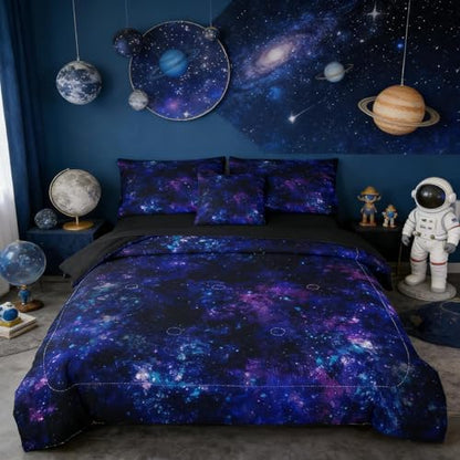 6pc Galaxy Bedding Set for Boys,Twin Size Comforter Sets for Teen,Kids Comforter Set with 1 Quilt+1 Flat Sheet+1 Fitted Sheet+2 Pillowcases+1 Cushion Cover(Galaxy Twin)
