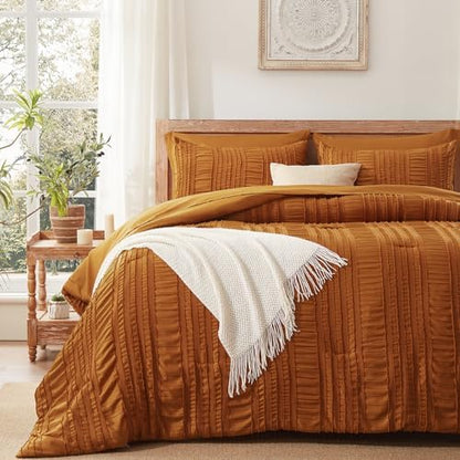 Burnt Orange Tufted Textured Comforter Set King Size, 7 Piece Bed in a Bag，Shabby Chic Boho Bedding for Bedroom Comforter，All Season Soft Microfiber Ruffle Comforter Set with Pillow and Sheets