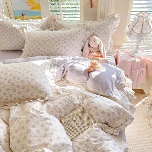 Vintage Flower Duvet Cover Set Twin XL, 3 Piece Coquette Duvet Cover with Ruffle Lace, 100% Cotton Violet Flower Botanical Bedding Set, Aesthetic Floral Cottagecore Comforter Cover for All Season