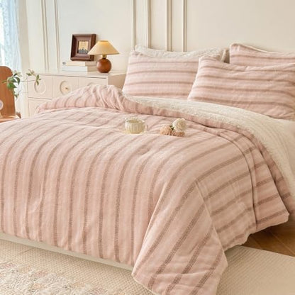 Cyusri Striped Sherpa Comforter Set 3Pcs Fluffy Warm Fleece Down Alternative, Pink Stripe Bedding Set with 2 Pillowcases, Queen Size 90"x90"